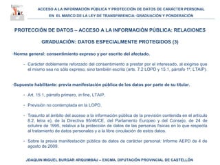 ACCESO A LA INFORMACIÓN PÚBLICA Y PROTECCIÓN DE DATOS DE CARÁCTER PERSONAL
EN EL MARCO DE LA LEY DE TRANSPARENCIA: GRADUACIÓN Y PONDERACIÓN
JOAQUIN MIGUEL BURGAR ARQUIMBAU – EXCMA. DIPUTACIÓN PROVINCIAL DE CASTELLÓN
PROTECCIÓN DE DATOS – ACCESO A LA INFORMACIÓN PÚBLICA: RELACIONES
GRADUACIÓN: DATOS ESPECIALMENTE PROTEGIDOS (3)
-Norma general: consentimiento expreso y por escrito del afectado.
- Carácter doblemente reforzado del consentimiento a prestar por el interesado, al exigirse que
el mismo sea no sólo expreso, sino también escrito (arts. 7.2 LOPD y 15.1, párrafo 1º, LTAIP).
-Supuesto habilitante: previa manifestación pública de los datos por parte de su titular.
- Art. 15.1, párrafo primero, in fine, LTAIP.
- Previsión no contemplada en la LOPD.
- Trasunto al ámbito del acceso a la información pública de la previsión contenida en el artículo
8.2, letra e), de la Directiva 95/46/CE, del Parlamento Europeo y del Consejo, de 24 de
octubre de 1995, relativa a la protección de datos de las personas físicas en lo que respecta
al tratamiento de datos personales y a la libre circulación de estos datos.
- Sobre la previa manifestación pública de datos de carácter personal: Informe AEPD de 4 de
agosto de 2009.
 
