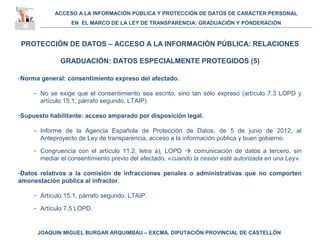 ACCESO A LA INFORMACIÓN PÚBLICA Y PROTECCIÓN DE DATOS DE CARÁCTER PERSONAL
EN EL MARCO DE LA LEY DE TRANSPARENCIA: GRADUACIÓN Y PONDERACIÓN
JOAQUIN MIGUEL BURGAR ARQUIMBAU – EXCMA. DIPUTACIÓN PROVINCIAL DE CASTELLÓN
PROTECCIÓN DE DATOS – ACCESO A LA INFORMACIÓN PÚBLICA: RELACIONES
GRADUACIÓN: DATOS ESPECIALMENTE PROTEGIDOS (5)
-Norma general: consentimiento expreso del afectado.
- No se exige que el consentimiento sea escrito, sino tan sólo expreso (artículo 7.3 LOPD y
artículo 15.1, párrafo segundo, LTAIP).
-Supuesto habilitante: acceso amparado por disposición legal.
- Informe de la Agencia Española de Protección de Datos, de 5 de junio de 2012, al
Anteproyecto de Ley de transparencia, acceso a la información pública y buen gobierno.
- Congruencia con el artículo 11.2, letra a), LOPD  comunicación de datos a tercero, sin
mediar el consentimiento previo del afectado, «cuando la cesión esté autorizada en una Ley».
-Datos relativos a la comisión de infracciones penales o administrativas que no comporten
amonestación pública al infractor.
- Artículo 15.1, párrafo segundo, LTAIP.
- Artículo 7.5 LOPD.
 