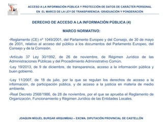 ACCESO A LA INFORMACIÓN PÚBLICA Y PROTECCIÓN DE DATOS DE CARÁCTER PERSONAL
EN EL MARCO DE LA LEY DE TRANSPARENCIA: GRADUACIÓN Y PONDERACIÓN
JOAQUIN MIGUEL BURGAR ARQUIMBAU – EXCMA. DIPUTACIÓN PROVINCIAL DE CASTELLÓN
DERECHO DE ACCESO A LA INFORMACIÓN PÚBLICA (4)
MARCO NORMATIVO:
-Reglamento (CE) nº 1049/2001, del Parlamento Europeo y del Consejo, de 30 de mayo
de 2001, relativo al acceso del público a los documentos del Parlamento Europeo, del
Consejo y de la Comisión.
-Artículo 37 Ley 30/1992, de 26 de noviembre, de Régimen Jurídico de las
Administraciones Públicas y del Procedimiento Administrativo Común.
-Ley 19/2013, de 9 de diciembre, de transparencia, acceso a la información pública y
buen gobierno.
-Ley 11/2007, de 18 de julio, por la que se regulan los derechos de acceso a la
información, de participación pública, y de acceso a la justicia en materia de medio
ambiente.
-Real Decreto 2568/1986, de 28 de noviembre, por el que se aprueba el Reglamento de
Organización, Funcionamiento y Régimen Jurídico de las Entidades Locales.
 