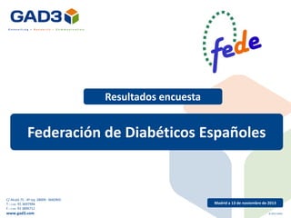 Resultados encuesta

Federación de Diabéticos Españoles

C/ Alcalá 75 - 4º Izq. 28009 - MADRID
T.: (+34) 91 3697994
F.: (+34) 91 3896712

www.gad3.com

Madrid a 13 de noviembre de 2013
© 2013 GAD3

 