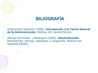 BILIOGRAFÍA
•Chiavenato Idalberto (1999), Introducción a la Teoría General
de la Administración. McGraw Hill. Quinta Edición.
•Sergio Hernández y Rodríguez (2005). Administración.
Pensamiento, proceso, estrategia y vanguardia. McGraw Hill.
Segunda Edición.
 