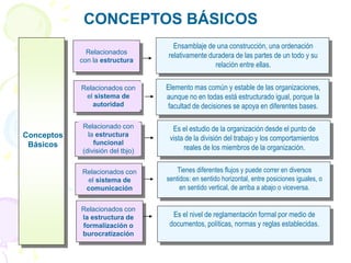 CONCEPTOS BÁSICOS
Conceptos
Básicos
Relacionados
con la estructura
Ensamblaje de una construcción, una ordenación
relativamente duradera de las partes de un todo y su
relación entre ellas.
Relacionados con
el sistema de
autoridad
Relacionado con
la estructura
funcional
(división del tbjo)
Relacionados con
el sistema de
comunicación
Relacionados con
la estructura de
formalización o
burocratización
Elemento mas común y estable de las organizaciones,
aunque no en todas está estructurado igual, porque la
facultad de decisiones se apoya en diferentes bases.
Es el estudio de la organización desde el punto de
vista de la división del trabajo y los comportamientos
reales de los miembros de la organización.
Tienes diferentes flujos y puede correr en diversos
sentidos: en sentido horizontal, entre posiciones iguales, o
en sentido vertical, de arriba a abajo o viceversa.
Es el nivel de reglamentación formal por medio de
documentos, políticas, normas y reglas establecidas.
 