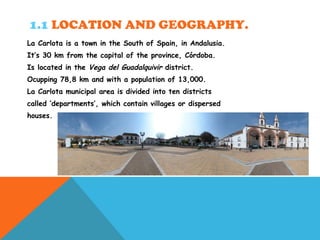 1.1 LOCATION AND GEOGRAPHY.
La Carlota is a town in the South of Spain, in Andalusia.
It’s 30 km from the capital of the province, Córdoba.
Is located in the Vega del Guadalquivir district.
Ocupping 78,8 km and with a population of 13,000.
La Carlota municipal area is divided into ten districts
called ‘departments’, which contain villages or dispersed
houses.
 