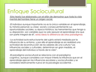Enfoque Sociocultural-Esta teoría fue elaborada con el afán de demostrar que toda la vida mental del hombre tiene un origen social. -El individuo aunque importante no es la única variable en el aprendizaje. Su historia personal, su clase  social y consecuentemente sus oportunidades sociales, su época histórica, las herramientas que tenga a su disposición, son variables que no solo apoyan el aprendizaje sino que son parte integral de él", estas ideas lo diferencia de otros paradigmas-La actividad auto-estructurante del sujeto estará mediada por la influencia de su entorno, y por ello el aprendizaje es en realidad una actividad de reconstrucción de los saberes de una cultura:“Las influencias sociales y culturales, determinan en gran medida, el aprendizaje del individuo a través de la vida”.-El paradigma sociocultural se relaciona con el paradigma cognitivo, aunque considera con mayor interés la influencia que en el aprendizaje ejercen las influencias escolares y socioculturales y se considera relativamente nuevo en la psicología occidental .