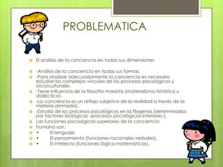 PROBLEMATICAEl análisis de la conciencia en todas sus dimensiones-Análisis de la conciencia en todas sus formas.-Para analizar adecuadamente la conciencia es necesario estudiar los complejos vínculos de los procesos psicológicos y socioculturales.-Tiene Influencia de la filosofía marxista (materialismo histórico y dialéctico).-La conciencia es un reflejo subjetivo de la realidad a través de la materia animada).-Estudio de los procesos psicológicos en la filogenia (determinados por factores biológicos –procesos piscológicos inferiores-).Las funciones psicológicas superiores de la conciencia humana son:•	El lenguaje.•	El pensamiento (funciones racionales verbales).•	El intelecto (funciones lógico-matemáticas).