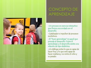 CONCEPTO DE APRENDIZAJE-Un proceso en esencia interactivo que forma una unidad con el desarrollo. -Catalizador e impulsor de procesos evolutivos.-El "buen aprendizaje" es aquel que precede al desarrollo. Entre el aprendizaje y el desarrollo existe una relación de tipo dialéctica. -Un diálogo entre lo que es capaz de hacer hoy y lo que será capaz de hacer mañana y no entre el niño y su pasado.