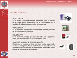 ENSAMBLE DE UNA COMPUTADORA




COMPONENTES


PLACA MADRE
Es el núcleo o columna vertebral del sistema pues se encarga
de controlar cada componente de la computadora en su
totalidad. En ella se conectan todos los elementos.

PROCESADOR
Es el «motor» o cerebro de la computadora. Define la velocidad
de procesamiento de los datos.

MEMORIA RAM
Es la memoria principal que contiene todos los programas y
datos que el procesador usa en un momento dado.

CASE CON SU FUENTE DE ALIMENTACIÓN
El gabinete se encarga de alojar a la placa madre, las unidades
de disco y la tarjetería. Viene con la fuente de alimentación pre-
instalada, la que se encarga de proporcionar electricidad a cada
una de las partes de la computadora.


                                                                                 EJ
 