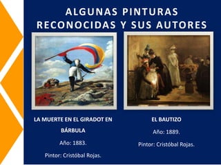 LA MUERTE EN EL GIRADOT EN
BÁRBULA
Año: 1883.
Pintor: Cristóbal Rojas.
ALGUNAS PINTURAS
RECONOCIDAS Y SUS AUTORES
EL BAUTIZO
Año: 1889.
Pintor: Cristóbal Rojas.
 