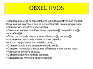 OBXECTIVOSConseguir que @ nen@estableza vínculos afectivos coa mestra-titora, que se exprese e que se sinta integrado no seu grupo clase.Coñeceraosmestres especialistas.Favorecer as interrelacións entre  cada nen@camestra e c@scompañeir@s.Crear un clima de afecto y de confianza c@spequen@s.Iniciarse na práctica de novos hábitos (uso dos servizos, desplazamentos, vestido, orde, ...) .Coñecer a aula e as dependencias do centro.Coñecer, manipular e xogarcos diferentes materiais da aula.Adecuarse aonovoespazo, .Coñeceralgunhas normas da clase.Adaptarse ao ritmo e o horario escolar.