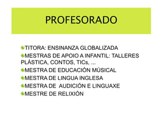 PROFESORADO   TITORA: ENSINANZA GLOBALIZADAMESTRAS DE APOIO A INFANTIL: TALLERES     PLÁSTICA, CONTOS, TICs, ...MESTRA DE EDUCACIÓN MÚSICALMESTRA DE LINGUA INGLESAMESTRA DE  AUDICIÓN E LINGUAXEMESTRE DE RELIXIÓN