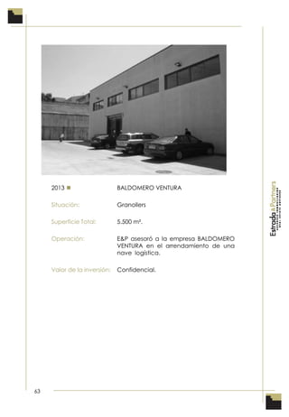 63
2013  BALDOMERO VENTURA
Situación: Granollers
Superficie Total: 5.500 m².
Operación: E&P asesoró a la empresa BALDOMERO
VENTURA en el arrendamiento de una
nave logística.
Valor de la inversión: Confidencial.
 