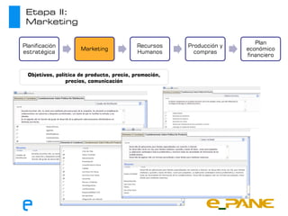 Etapa II:
 Marketing

                                                                          Plan
Planificación                               Recursos    Producción y
                      Marketing                                        económico
estratégica                                 Humanos       compras
                                                                       financiero


  Objetivos, política de producto, precio, promoción,
                 precios, comunicación
 