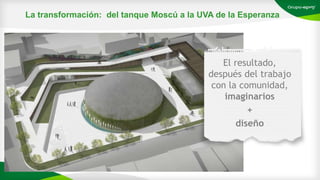El resultado,
después del trabajo
con la comunidad,
imaginarios
+
diseño
La transformación: del tanque Moscú a la UVA de la Esperanza
 