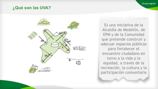 ¿Qué son las UVA?
Es una iniciativa de la
Alcaldía de Medellín, de
EPM y de la Comunidad
que pretende construir y
adecuar espacios públicos
para fortalecer el
encuentro ciudadano en
torno a la vida y la
equidad, a través de la
recreación, la cultura y la
participación comunitaria
 