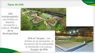 Tipos de UVA
UVA
multipropósito:
con énfasis en
deporte,
recreación y
cultura. Predios
de la
Municipalidad
UVA en Tanque: con
énfasis en la recreación, el
encuentro de la comunidad,
la formación y la cultura.
Predios de EPM
 