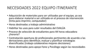 NECESIDADES 2022 EQUIPO ITINERANTE
• Adquisición de materiales para ser utilizados por el equipo, ya sea
para elaborar material o ser utilizado en el proceso de intervención
(tinta para imprimir, computador)
• Horas destinadas a trabajo administrativo
• Habilitar los usos para subir resultados del EVALÚA
• Proceso de selección de estudiantes para 44 horas educadora
¿horario?
• Contratación oportuna de profesionales pertinentes de acuerdo a las
derivaciones para identificar, evaluar y planificar estrategias
diversificadas (trabajo colaborativo mejores decisiones)
• Horas destinadas para apoyo Fono y Psicólogo según las necesidades
 