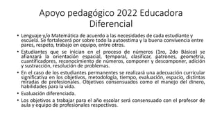 Apoyo pedagógico 2022 Educadora
Diferencial
• Lenguaje y/o Matemática de acuerdo a las necesidades de cada estudiante y
escuela. Se fortalecerá por sobre todo la autoestima y la buena convivencia entre
pares, respeto, trabajo en equipo, entre otros.
• Estudiantes que se inician en el proceso de números (1ro, 2do Básico) se
afianzará la orientación espacial, temporal, clasificar, patrones, geometría,
cuantificadores, reconocimiento de números, componer y descomponer, adición
y sustracción, resolución de problemas.
• En el caso de los estudiantes permanentes se realizará una adecuación curricular
significativa en los objetivos, metodología, tiempo, evaluación, espacio, distintas
miradas de profesionales. Objetivos consensuados como el manejo del dinero,
habilidades para la vida.
• Evaluación diferenciada.
• Los objetivos a trabajar para el año escolar será consensuado con el profesor de
aula y equipo de profesionales respectivos.
 