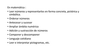 En matemática :
• Leer números y representarlos en forma concreta, pictórica y
simbólica.
• Ordenar números
• Antecesor y sucesor
• Ampliar ámbito numérico
• Adición y sustracción de números
• Componer y descomponer
• Lenguaje cotidiano
• Leer e interpretar pictogramas, etc.
 