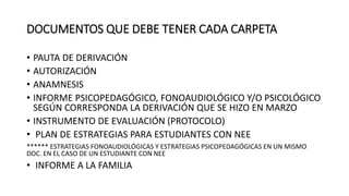 DOCUMENTOS QUE DEBE TENER CADA CARPETA
• PAUTA DE DERIVACIÓN
• AUTORIZACIÓN
• ANAMNESIS
• INFORME PSICOPEDAGÓGICO, FONOAUDIOLÓGICO Y/O PSICOLÓGICO
SEGÚN CORRESPONDA LA DERIVACIÓN QUE SE HIZO EN MARZO
• INSTRUMENTO DE EVALUACIÓN (PROTOCOLO)
• PLAN DE ESTRATEGIAS PARA ESTUDIANTES CON NEE
****** ESTRATEGIAS FONOAUDIOLÓGICAS Y ESTRATEGIAS PSICOPEDAGÓGICAS EN UN MISMO
DOC. EN EL CASO DE UN ESTUDIANTE CON NEE
• INFORME A LA FAMILIA
 