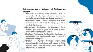 Estrategias para Mejorar el Trabajo en
Equipo
Fomentar la Comunicación Abierta: Crear un
ambiente donde los miembros se sientan
cómodos compartiendo sus ideas y opiniones.
1.
Establecer Metas Claras: Asegurar que todos
comprendan los objetivos del equipo y cómo se
medirán los logros.
2.
Desarrollar Habilidades de Liderazgo: Tener
líderes que puedan guiar al equipo y tomar
decisiones informadas es crucial.
3.
Realizar Actividades de Cohesión: Participar en
actividades que fortalezcan la relación entre los
miembros del equipo.
4.
Evaluar y Ajustar: Realizar evaluaciones
periódicas del rendimiento del equipo y hacer
ajustes según sea necesario para mejorar la
eficiencia y la cohesión.
5.
 