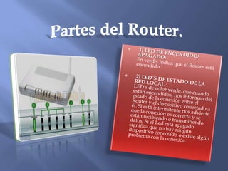 Partes del Router.  1) LED DE ENCENDIDO/ APAGADO: En verde, indica que el Router está encendido.
