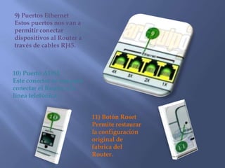 7) Conector para el adaptador de corrienteEs el corrector para la fuente de alimentación, el fabricante recomienda usar únicamente el adaptador que acompaña al Router. 8) Botón ON/OFF. Este botón permite encender/apagar el Router. 
