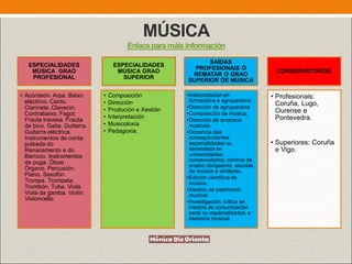 ESPECIALIDADES
MÚSICA GRAO
PROFESIONAL
• Acordeón. Arpa. Baixo
eléctrico. Canto.
Clarinete. Clavecín.
Contrabaixo. Fagot.
Frauta travesa. Frauta
de bico. Gaita. Guitarra.
Guitarra eléctrica.
Instrumentos de corda
pulsada do
Renacemento e do
Barroco. Instrumentos
de puga. Óboe.
Órgano. Percusión.
Piano. Saxofón.
Trompa. Trompeta.
Trombón. Tuba. Viola.
Viola da gamba. Violín.
Violoncello.
ESPECIALIDADES
MÚSICA GRAO
SUPERIOR
• Composición
• Dirección
• Produción e Xestión
• Interpretación
• Musicoloxía
• Pedagoxía.
SAÍDAS
PROFESIONAIS Ó
REMATAR O GRAO
SUPERIOR DE MÚSICA
•Interpretación en
formacións e agrupacións.
•Dirección de agrupacións
•Composición de música,
•Dirección de arranxos
musicais.
•Docencia das
correspondentes
especialidades ou
xeneralista en
universidades,
conservatorios, centros de
ensino obrigatorio, escolas
de música e similares.
•Edición científica de
música.
•Xestión de patrimonio
musical.
•Investigación, crítica en
medios de comunicación
xeral ou especializados, e
asesoría musical.
CONSERVATORIOS
• Profesionais:
Coruña, Lugo,
Ourense e
Pontevedra.
• Superiores: Coruña
e Vigo.
MÚSICA
Enlaceparamáisinformación
 