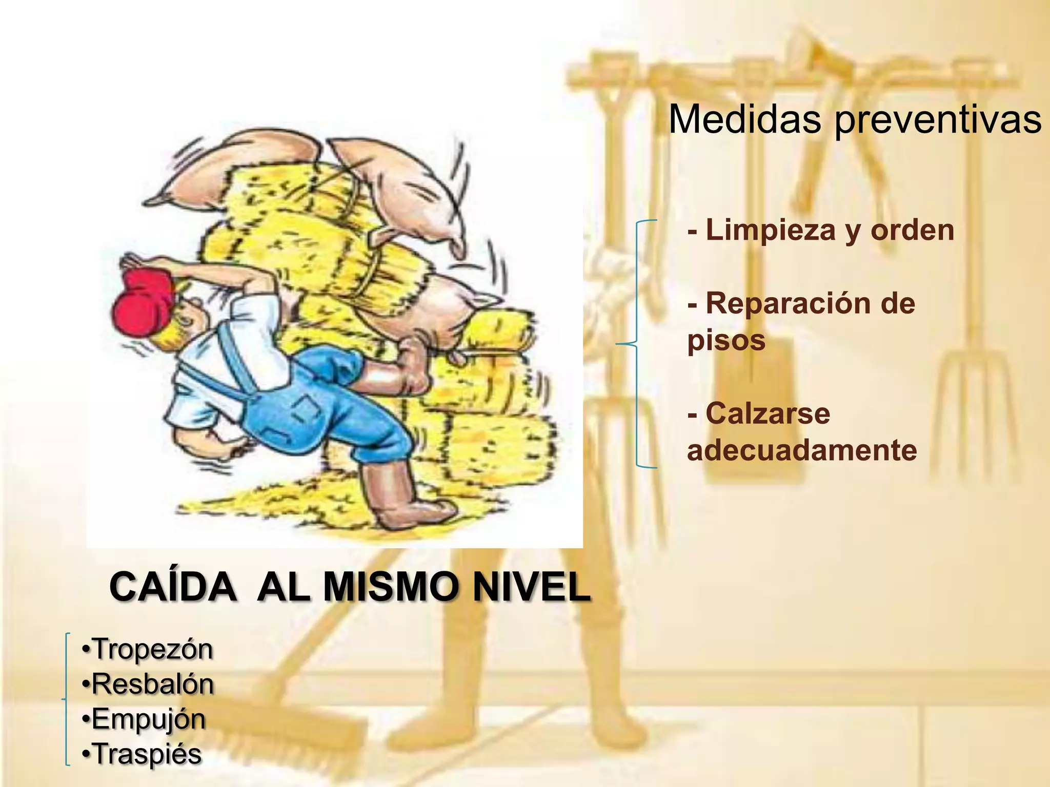 Medidas preventivas
- Limpieza y orden
- Reparación de
pisos
- Calzarse
adecuadamente

CAÍDA AL MISMO NIVEL
•Tropezón
•Resbalón
•Empujón
•Traspiés

 