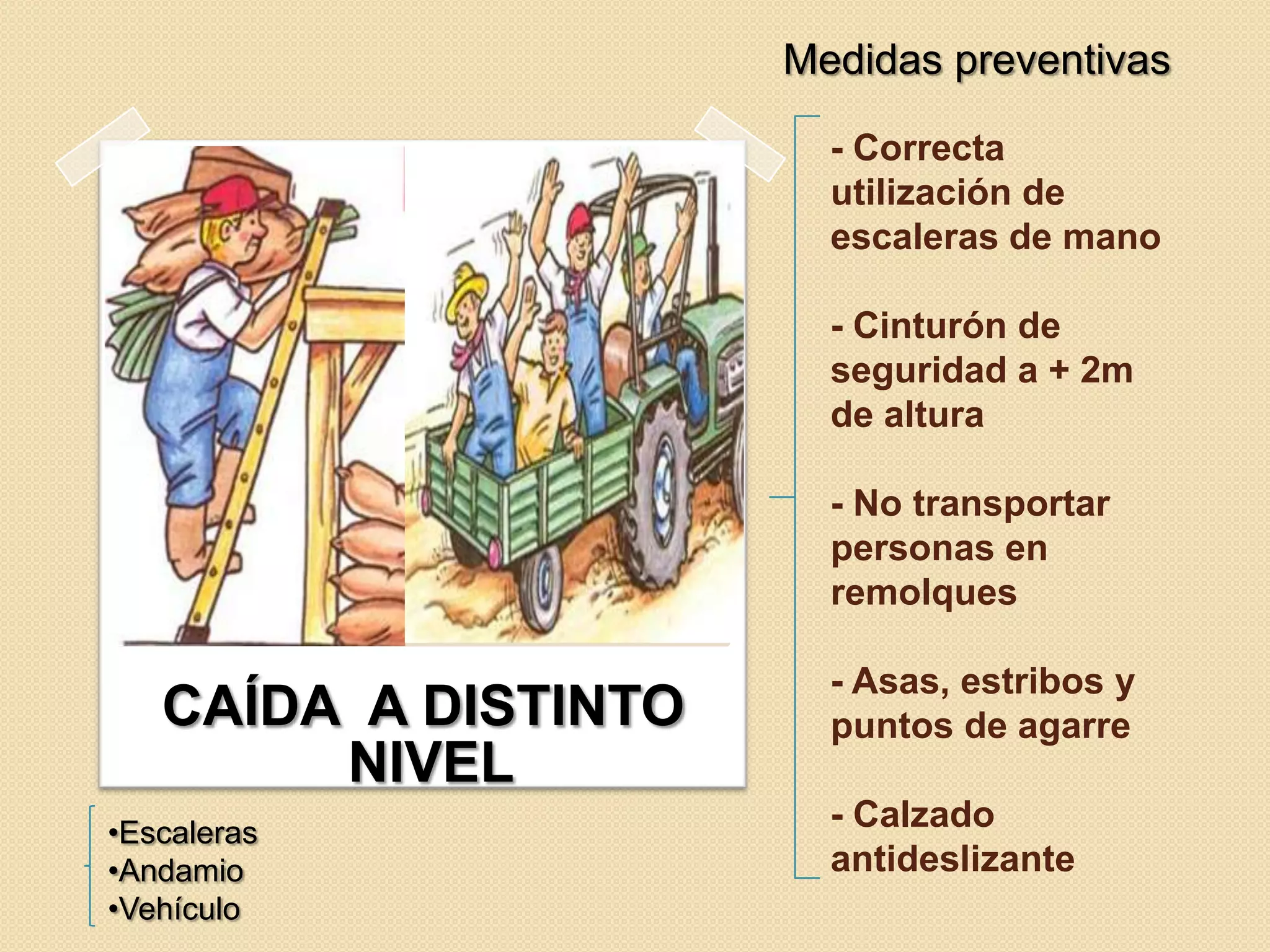 Medidas preventivas
- Correcta
utilización de
escaleras de mano
- Cinturón de
seguridad a + 2m
de altura
- No transportar
personas en
remolques

CAÍDA A DISTINTO
NIVEL
•Escaleras
•Andamio
•Vehículo

- Asas, estribos y
puntos de agarre
- Calzado
antideslizante

 
