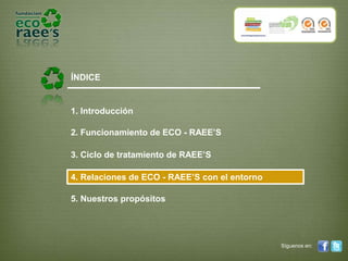 ÍNDICE1. Introducción2. Funcionamiento de ECO - RAEE’S3. Ciclo de tratamiento de RAEE’S4. Relaciones de ECO - RAEE’S con el entorno5. Nuestros propósitosSíguenos en: