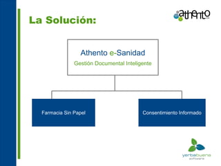 La Solución:


                  Athento e-Sanidad
               Gestión Documental Inteligente




  Farmacia Sin Papel                     Consentimiento Informado
 