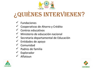  Fundaciones
 Cooperativas de Ahorro y Crédito
 Centros educativos
 Ministerio de educación nacional
 Secretaria departamental de Educación
 Entidades de apoyo
 Comunidad
 Padres de familia
 Explorador
 Aflatoun
¿QuIénES IntERvIEnEn?
 