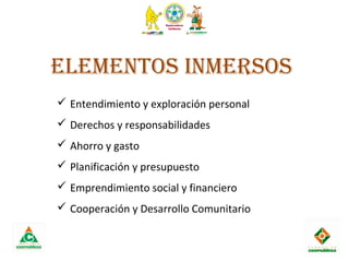 ELEmEntOS InmERSOS
 Entendimiento y exploración personal
 Derechos y responsabilidades
 Ahorro y gasto
 Planificación y presupuesto
 Emprendimiento social y financiero
 Cooperación y Desarrollo Comunitario
 
