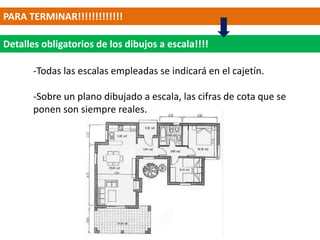 PARA TERMINAR!!!!!!!!!!!!!

Detalles obligatorios de los dibujos a escala!!!!

       -Todas las escalas empleadas se indicará en el cajetín.

       -Sobre un plano dibujado a escala, las cifras de cota que se
       ponen son siempre reales.
 