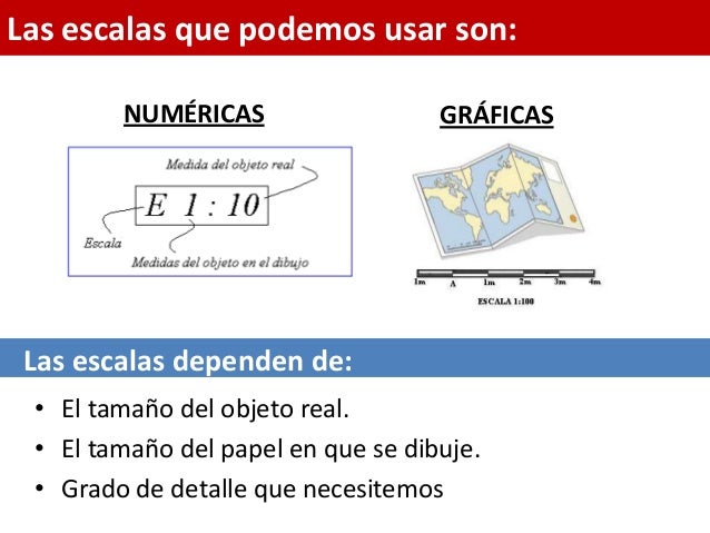 Las escalas que podemos usar son: NUMÉRICAS GRÁFICAS Las escalas dependen de: • El tamaño del obj...