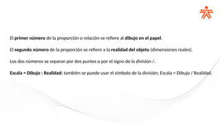 El primer número de la proporción o relación se refiere al dibujo en el papel.
El segundo número de la proporción se refiere a la realidad del objeto (dimensiones reales).
Los dos números se separan por dos puntos o por el signo de la división /.
Escala = Dibujo : Realidad; también se puede usar el símbolo de la división; Escala = Dibujo / Realidad.
 