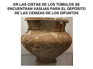 EN LAS CISTAS DE LOS TÚMULOS SE
ENCUENTRAN VASIJAS PARA EL DEPÓSITO
   DE LAS CENIZAS DE LOS DIFUNTOS
 