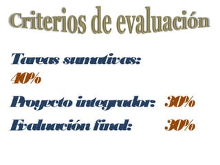 Tareas sum ativas:
40%
Proyecto integrador: 30%
Evaluación final:    30%
 