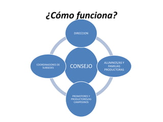 ¿Cómo funciona?
CONSEJO
DIRECCION
ALUMNOS/AS Y
FAMILIAS
PRODUCTORAS
PROMOTORES Y
PRODUCTORES/AS
CAMPESINOS
COORDINADORES DE
SUBSEDES
 