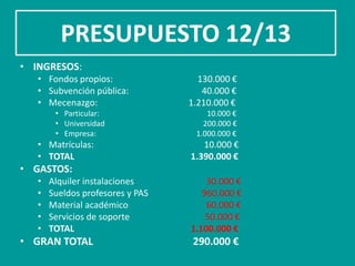 PRESUPUESTO 12/13
• INGRESOS:
   • Fondos propios:                130.000 €
   • Subvención pública:             40.000 €
   • Mecenazgo:                   1.210.000 €
        • Particular:                 10.000 €
        • Universidad                200.000 €
        • Empresa:                 1.000.000 €
   • Matrículas:                     10.000 €
   • TOTAL                        1.390.000 €
• GASTOS:
   •   Alquiler instalaciones         30.000 €
   •   Sueldos profesores y PAS      960.000 €
   •   Material académico             60.000 €
   •   Servicios de soporte           50.000 €
   •   TOTAL                      1.100.000 €
• GRAN TOTAL                       290.000 €
 
