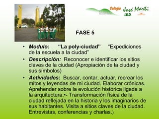FASE 5Modulo:      “La poly-ciudad”     “Expediciones de la escuela a la ciudad”Descripción:Reconocer e identificar los sitios claves de la ciudad (Apropiación de la ciudad y sus símbolos)Actividades:  Buscar, contar, actuar, recrear los mitos y leyendas de mi ciudad. Elaborar crónicas. Aprehender sobre la evolución histórica ligada a la arquitectura.•- Transformación física de la ciudad reflejada en la historia y los imaginarios de sus habitantes. Visita a sitios claves de la ciudad. Entrevistas, conferencias y charlas.)
