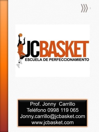 1




    Prof. Jonny Carrillo
  Teléfono 0998 119 065
Jonny.carrillo@jcbasket.com
    www.jcbasket.com
 