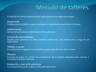 El método de talleres sistematizados organizados en las siguientes etapas:
Preparación
Tiempo previo al taller en que se consiguen y organizan los materiales y recursos
Ambientación
Incluye las acciones de recibimiento de los asistentes.
Lectura de material básico
Espacio para presentar un video, material audiovisual, una charla corta a cargo de un
especialista.
Trabajo en grupo
Los asistentes se organizan en pequeños grupos para discutir sobre el tema.
Plenario
Consiste en poner en común las conclusiones de los grupos pequeños para conocer y
compartir el trabajo realizado
Evaluación y control de asistencia
La evaluación se puede realizar al final de cada sesión.
 