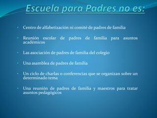 • Centro de alfabetización ni comité de padres de familia
• Reunión escolar de padres de familia para asuntos
académicos
• Las asociación de padres de familia del colegio
• Una asamblea de padres de familia
• Un ciclo de charlas o conferencias que se organizan sobre un
determinado tema
• Una reunión de padres de familia y maestros para tratar
asuntos pedagógicos
 