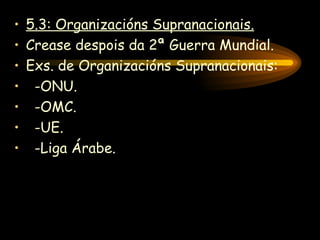 5.3: Organizacións Supranacionais. Crease despois da 2ª Guerra Mundial. Exs. de Organizacións Supranacionais: -ONU. -OMC. -UE. -Liga Árabe. 
