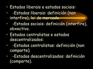 Estados liberais e estados sociais: -Estados liberais: definición (non interfire), lei de mercado. -Estados sociais: definición (interfire), obxectivo. Estados centralistas e estados descentralizados: -Estados centralistas: definición (non comparte). -Estados descentralizados: definición (comparte). 