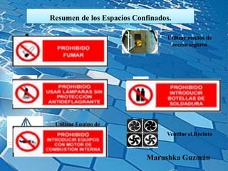 Resumen de los Espacios Confinados.
Marushka Guzmán
Medir la peligrosidad de
atmosferas
Utilizar Protección
respiratoria
Utilizar Equipo de
salvamientos por
izado
Utilizar medios de
acceso seguros
Tener a Punto
equipos de
extinción
Ventilar el Recinto
 