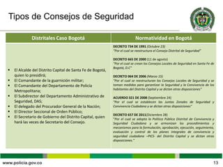 Tipos de Consejos de Seguridad
13
Distritales Caso Bogotá Normatividad en Bogotá
 El Alcalde del Distrito Capital de Santa Fe de Bogotá,
quien lo presidirá;
 El Comandante de la guarnición militar;
 El Comandante del Departamento de Policía
Metropolitana;
 El Subdirector del Departamento Administrativo de
Seguridad, DAS;
 El delegado del Procurador General de la Nación;
 El Director Seccional de Orden Público;
 El Secretario de Gobierno del Distrito Capital, quien
hará las veces de Secretario del Consejo.
DECRETO 734 DE 1991 (Octubre 23)
“Por el cual se reestructura el Consejo Distrital de Seguridad”
DECRETO 665 DE 2000 (11 de agosto)
"Por el cual se crean los Consejos Locales de Seguridad en Santa Fe de
Bogotá, D.C”
DECRETO 064 DE 2006 (Marzo 15)
"Por el cual se reestructuran los Consejos Locales de Seguridad y se
toman medidas para garantizar la Seguridad y la Convivencia de los
habitantes del Distrito Capital y se dictan otras disposiciones"
ACUERDO 321 DE 2008 (Septiembre 24)
"Por el cual se establecen las Juntas Zonales de Seguridad y
Convivencia Ciudadana y se dictan otras disposiciones"
DECRETO 657 DE 2011(Diciembre 28)
"Por el cual se adopta la Política Pública Distrital de Convivencia y
Seguridad Ciudadana y se armonizan los procedimientos y
mecanismos para la formulación, aprobación, ejecución, seguimiento,
evaluación y control de los planes integrales de convivencia y
seguridad ciudadana –PICS- del Distrito Capital y se dictan otras
disposiciones."
 