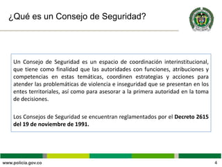 ¿Qué es un Consejo de Seguridad?
Un Consejo de Seguridad es un espacio de coordinación interinstitucional,
que tiene como finalidad que las autoridades con funciones, atribuciones y
competencias en estas temáticas, coordinen estrategias y acciones para
atender las problemáticas de violencia e inseguridad que se presentan en los
entes territoriales, así como para asesorar a la primera autoridad en la toma
de decisiones.
Los Consejos de Seguridad se encuentran reglamentados por el Decreto 2615
del 19 de noviembre de 1991.
4
 