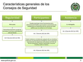 Características generales de los
Consejos de Seguridad
5
Regularidad
Mensuales
Extraordinariamente cuando los
convoque la primera autoridad del
ente territorial.
Art 9 Decreto 2615 de 1991
Participantes
Pueden participar otros funcionarios de la
Administración Pública que tuvieren conocimiento de
utilidad para el tratamiento de los temas de orden
público que se analizan en el Consejo.
Art. 7 Decreto 2615 de 1991
Podrán realizarse a iniciativa de cualquiera de sus miembros,
audiencias con participación de dirigentes cívicos, gremiales y
representantes de organismos comunitarios con el fin de
discutir propuestas, canalizar inquietudes y escuchar
iniciativas sobre la materia.
Art. 8 Decreto 2615 de 1991
Asistencia
Es indelegable.
Art. 6 Decreto 2615 de 1991
 